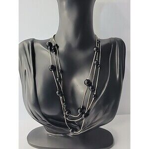 Vintage Silver Tone Multi Strand Necklace Black Beads Layered Fashion Jewelry